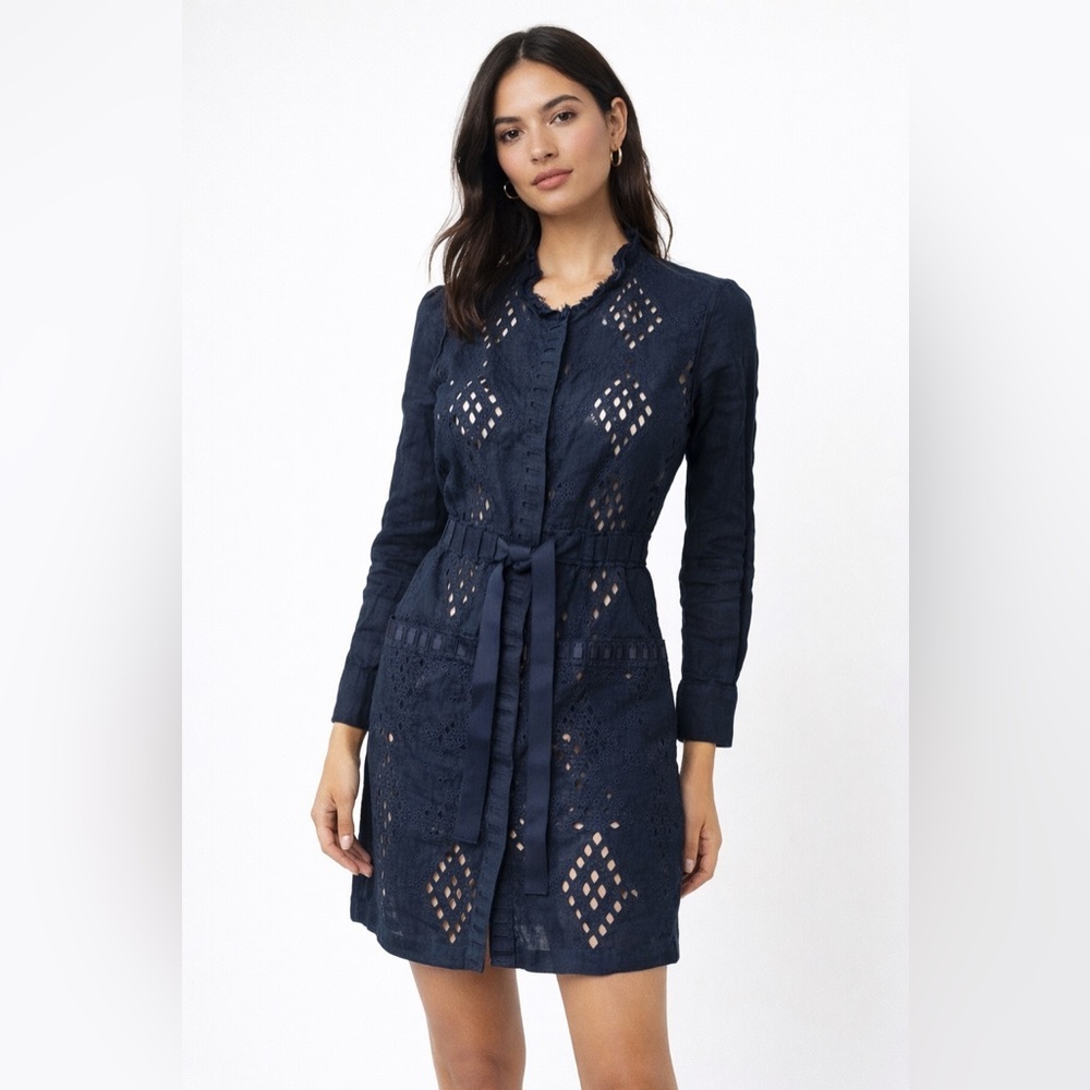 Elie Tahari Navy Linen Eyelet Mini Dress Belted Long Sleeve Resort Boho Size 4